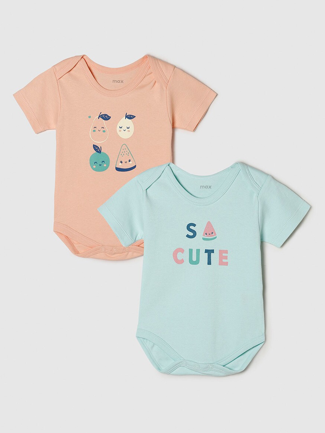 

max Infants Pack of 2 Peach & Blue Printed Pure Cotton Bodysuits
