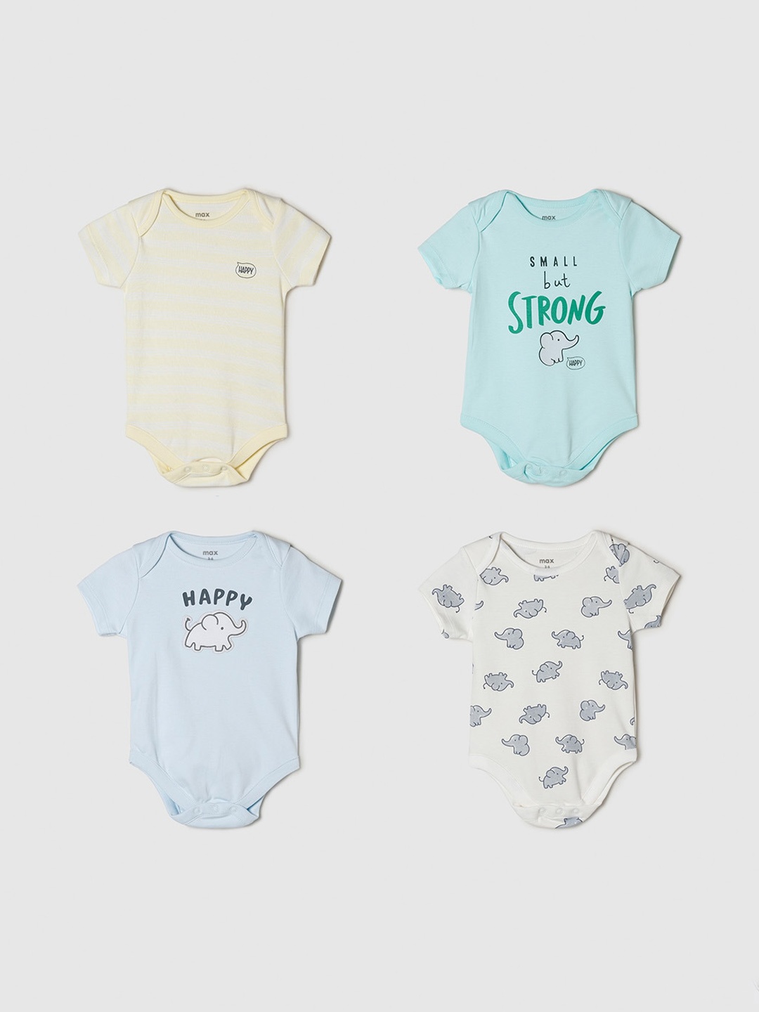 

max Infants Pack Of 4 Blue & Yellow Printed Pure Cotton Bodysuits