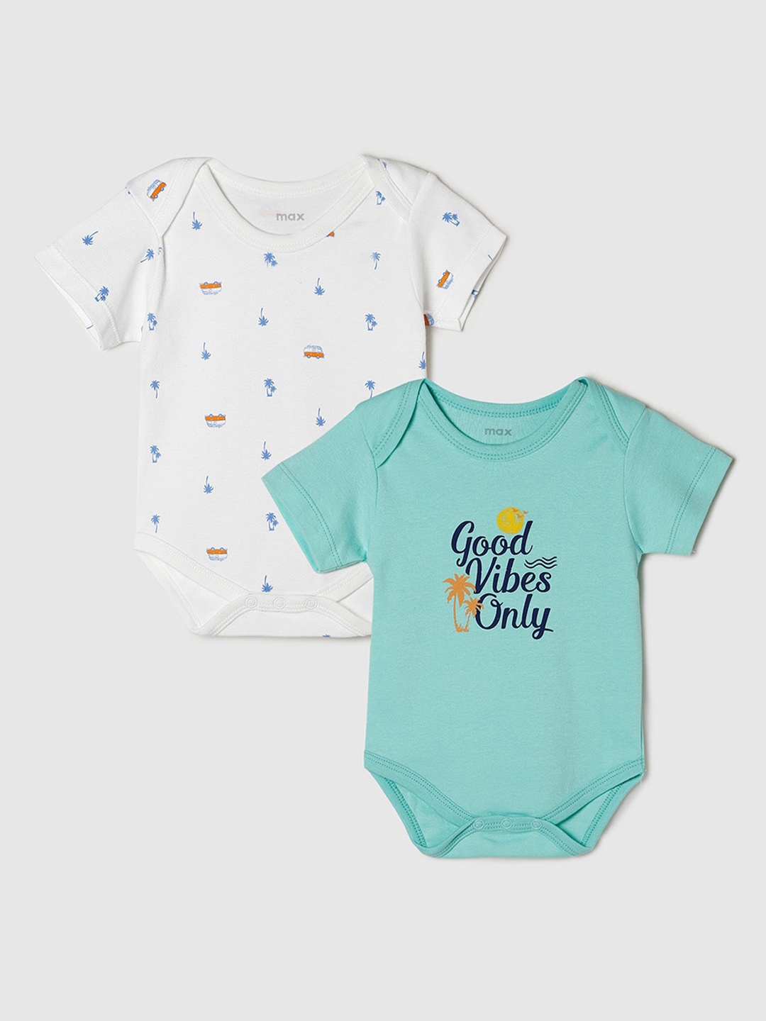 

max Infants Kids Pack Of 2 White & Teal Printed Pure Cotton Baby Bodysuits