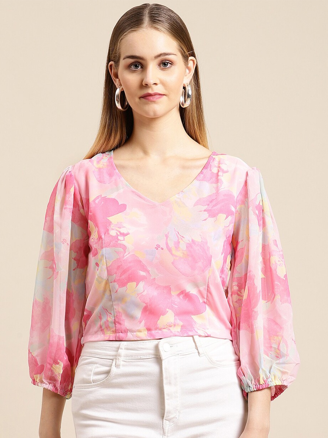 

GUNVANTI FAB Pink Floral Print Georgette Top