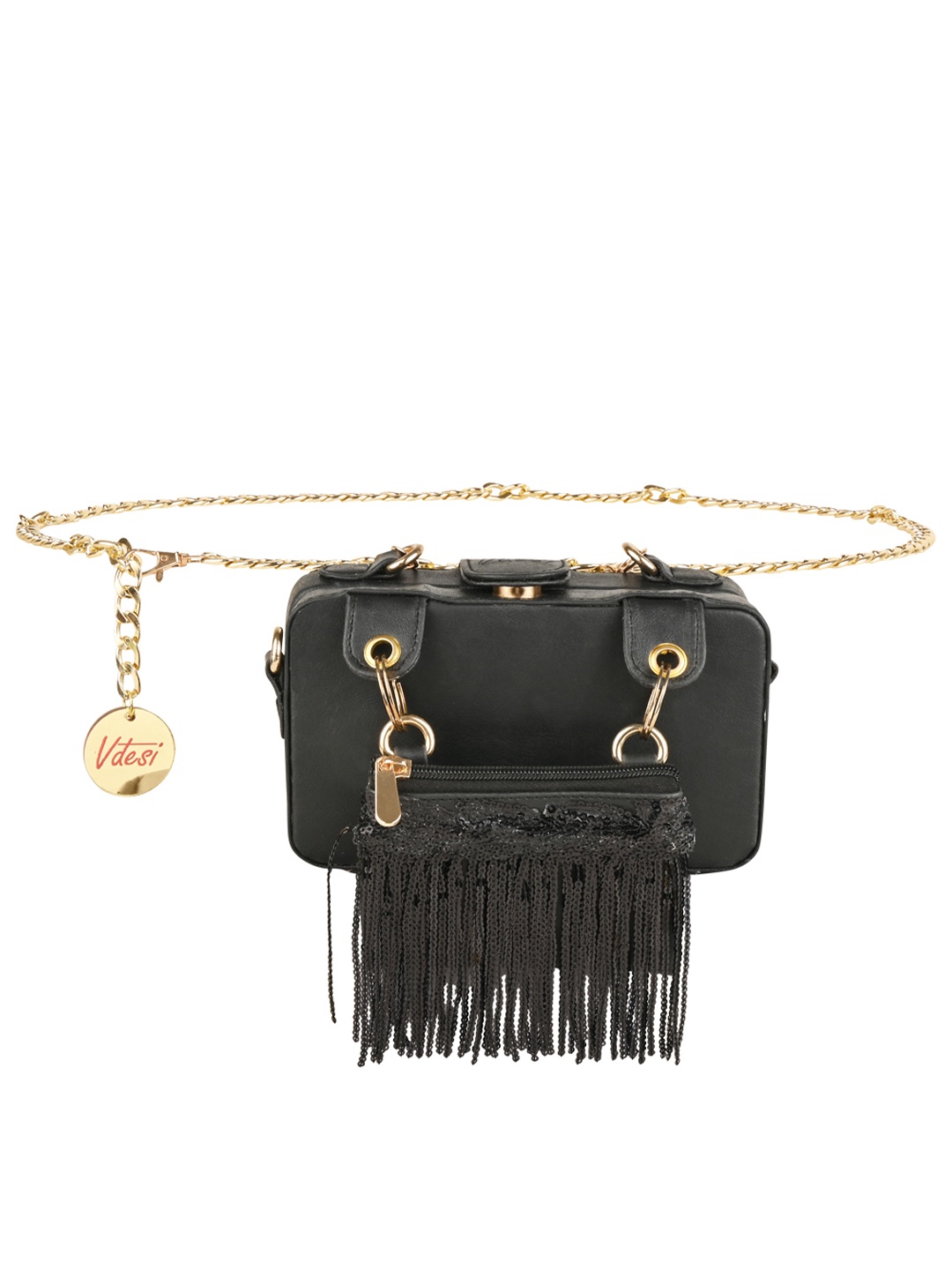 

Vdesi Women Solid Fringes Waist Pouch Cum Sling Bag, Black