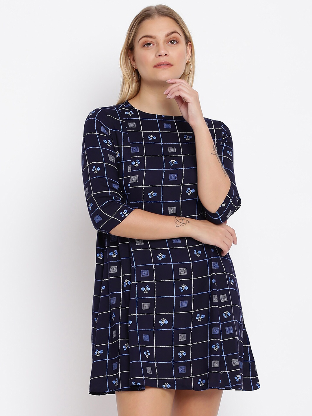 

abof Navy Blue Checked A-Line Dress