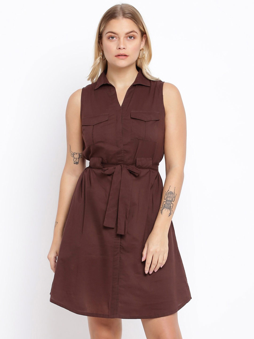 

abof Brown Solid Shirt Collar Dress