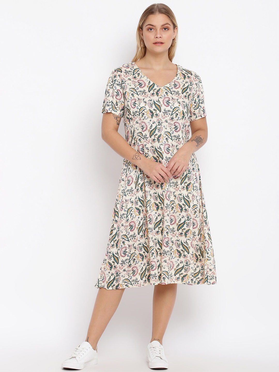 

abof Beige & Green Floral A-Line Midi Dress