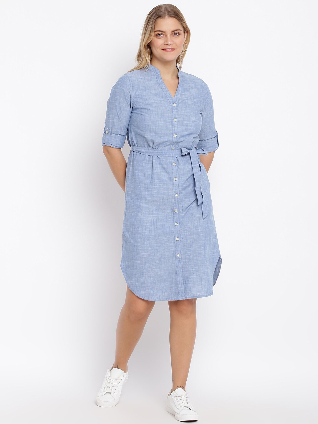 

abof Women Blue Self Design Mandarin Collar Shirt Dress