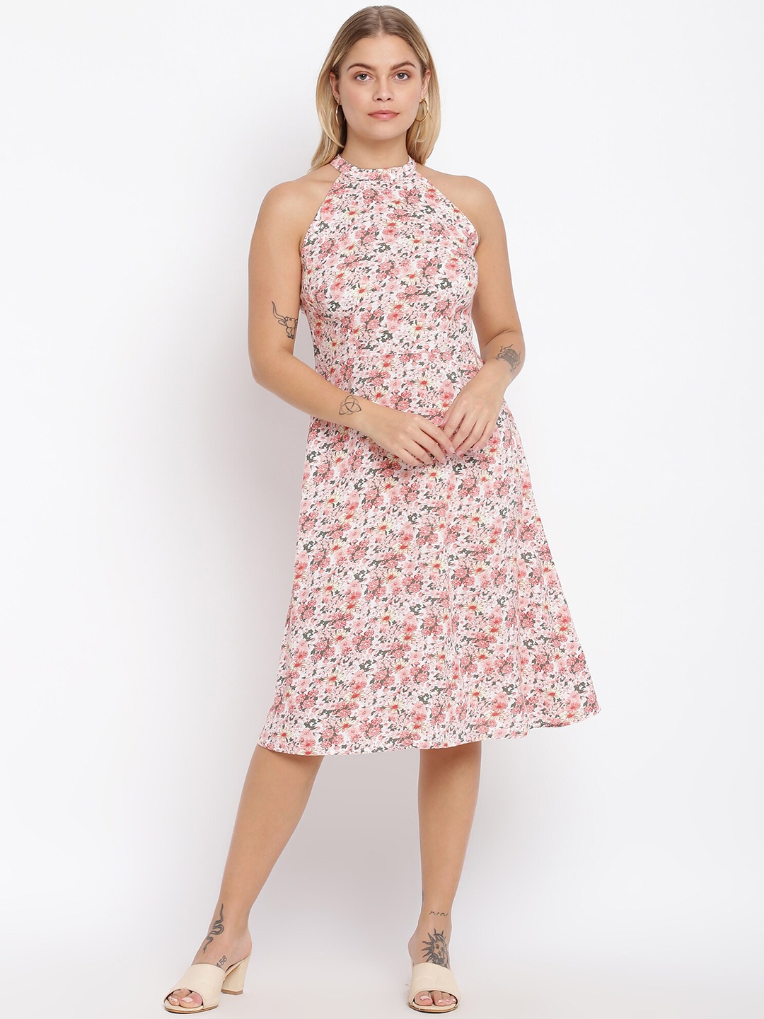 

abof Women Pink & White Floral Halter Neck A-Line Dress
