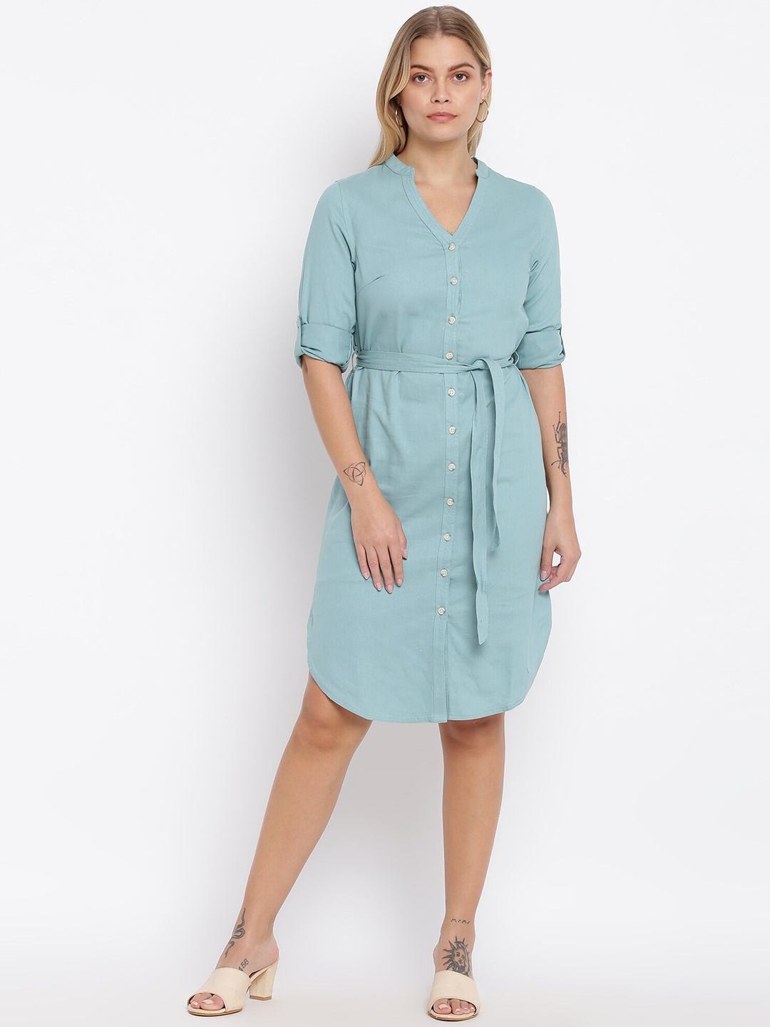 

abof Women Blue Mandarin Collar Shirt Dress