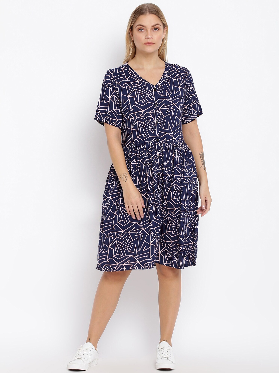 

abof Women Navy Blue Printed A-Line Dress