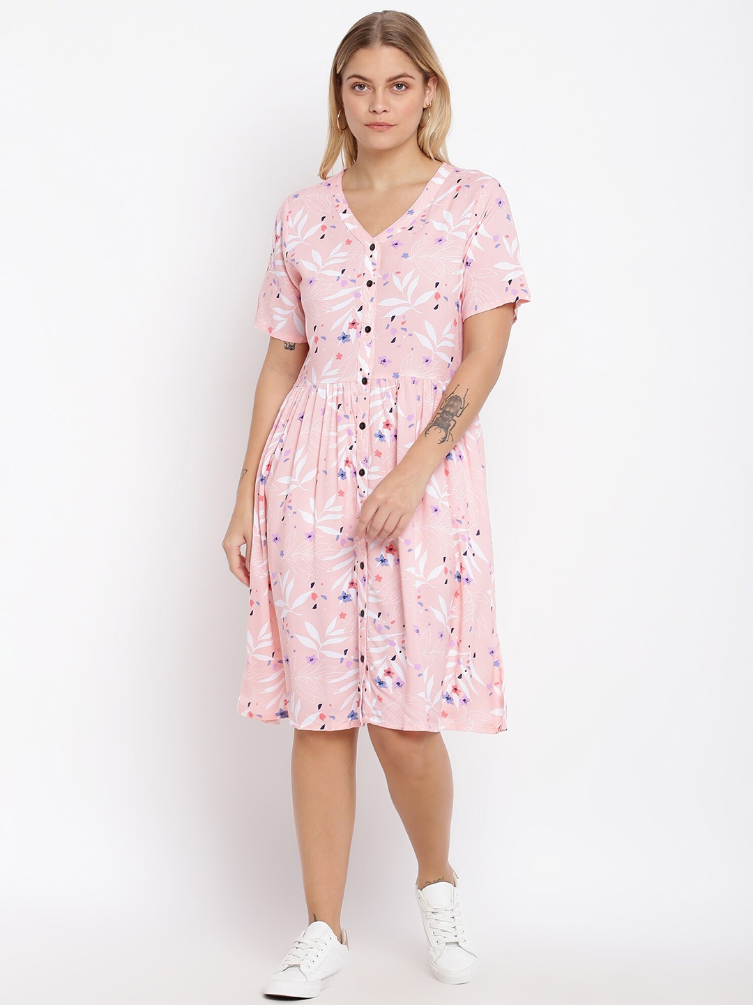 

abof Women Pink & White Floral A-Line Dress