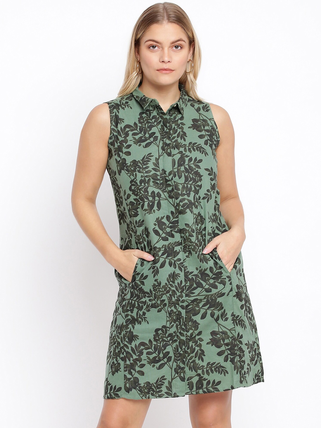 

abof Women Olive Green Floral Shirt Dress