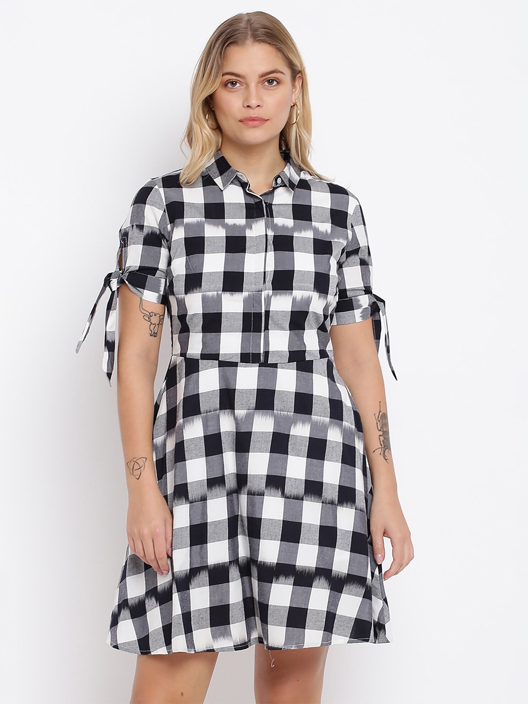 

abof Women Black & White Checked Shirt Dress