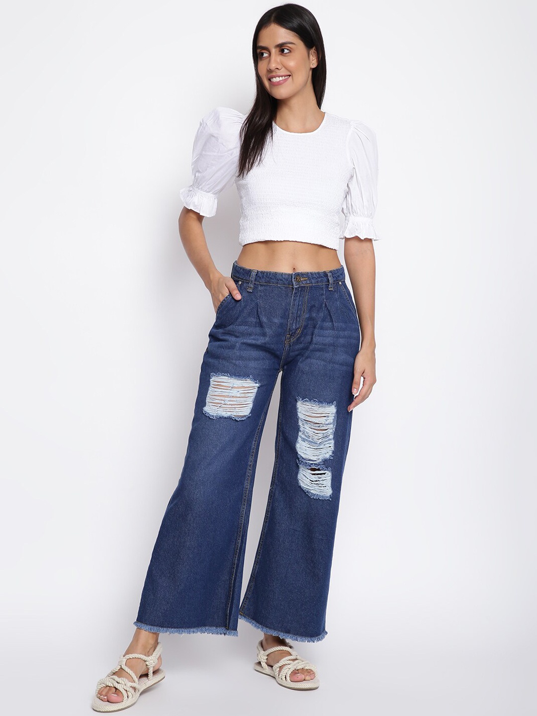 

TALES & STORIES Women Blue Wide Leg Highly Distressed Light Fade Stretchable Jeans