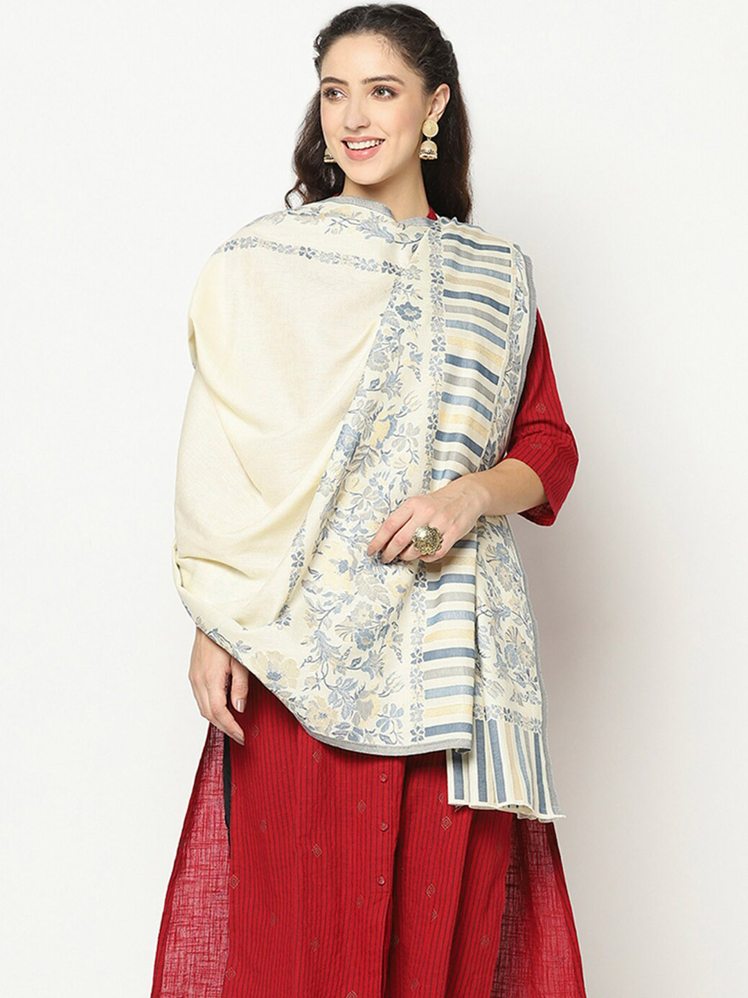 

La Vastraa Women White Woven Design Woolen Shawl