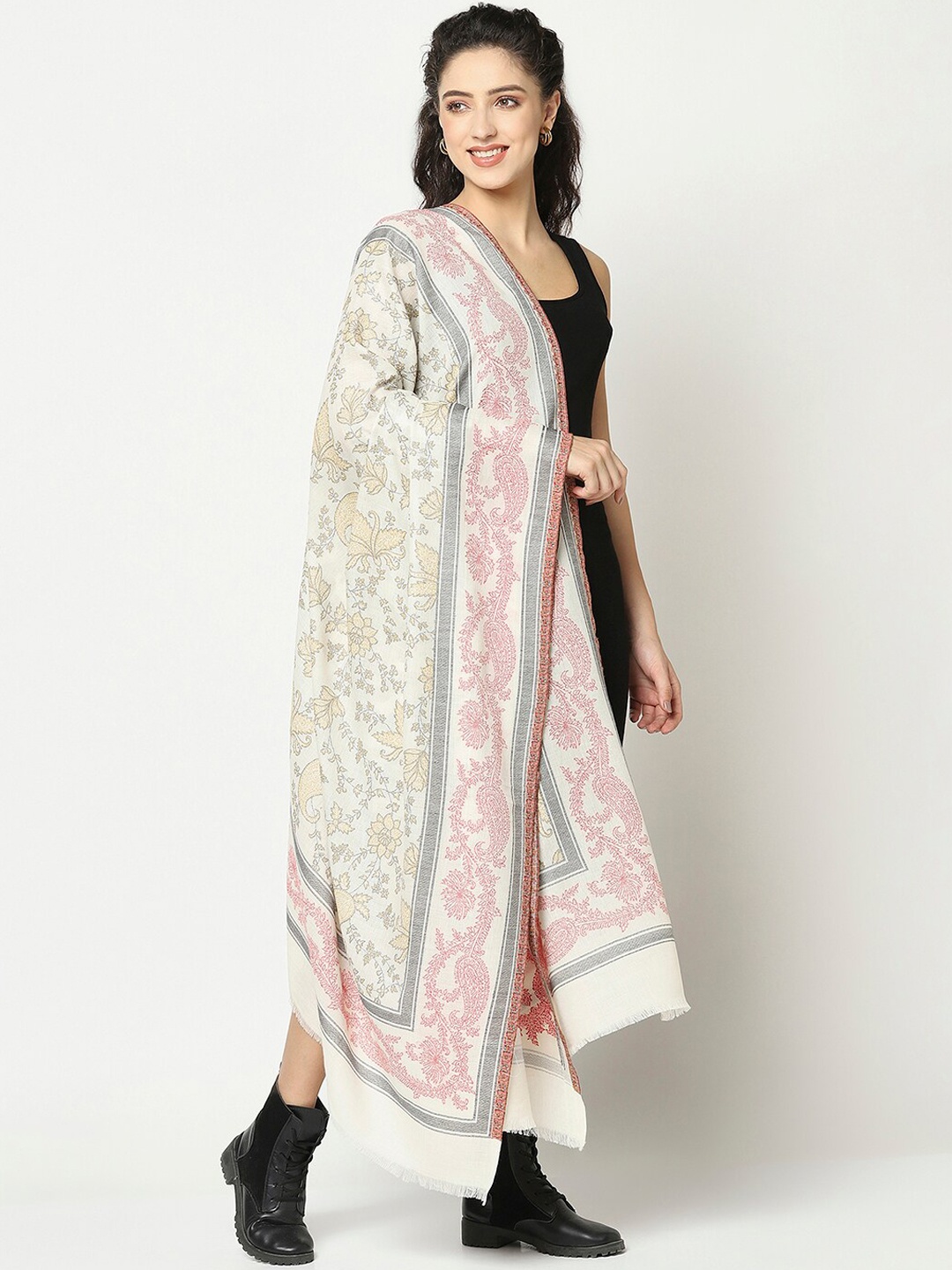 

La Vastraa Women White & Red Woven Design Wool Shawl
