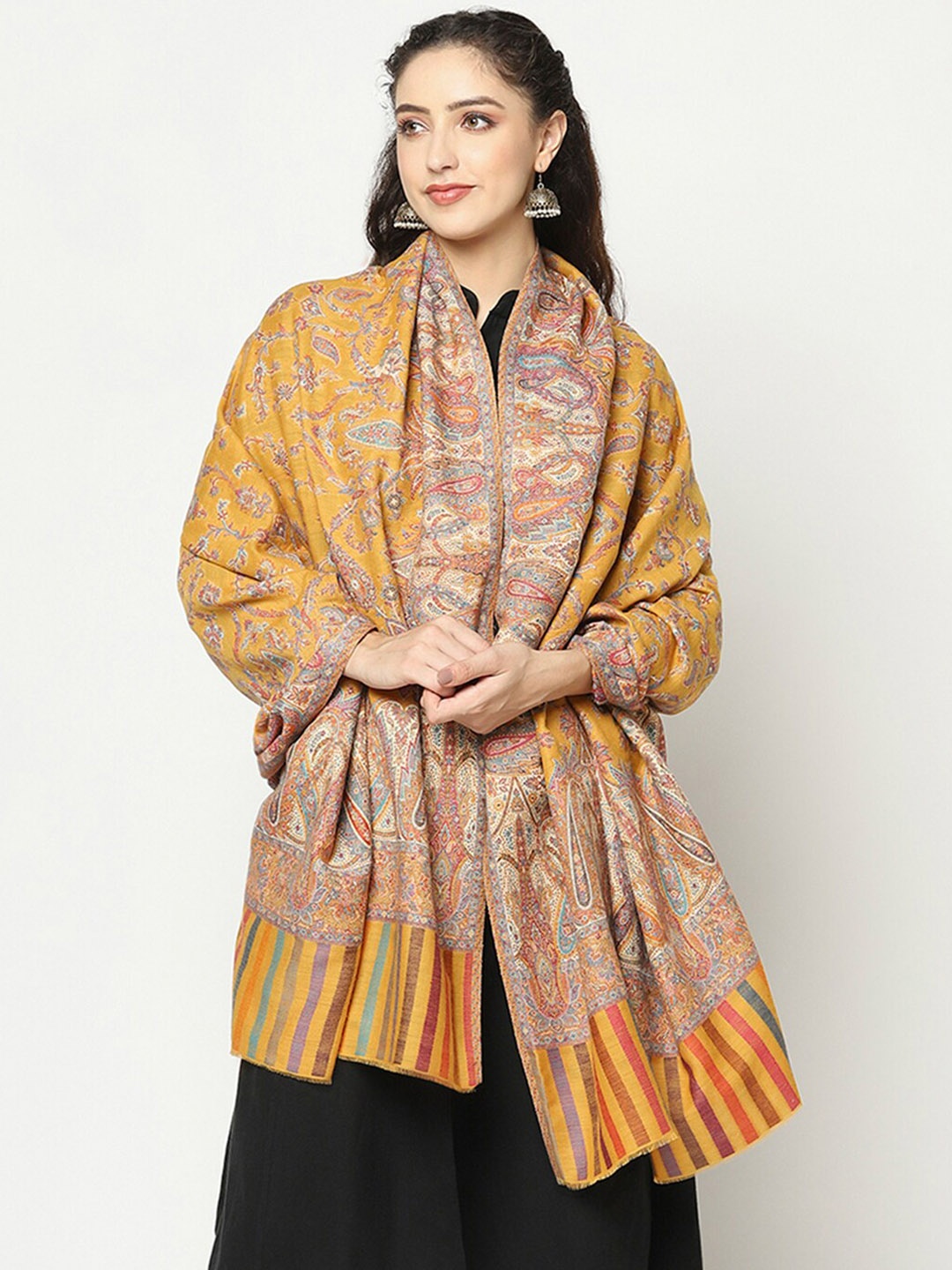 

La Vastraa Women Mustard Yellow Woven Design Woolen Shawl