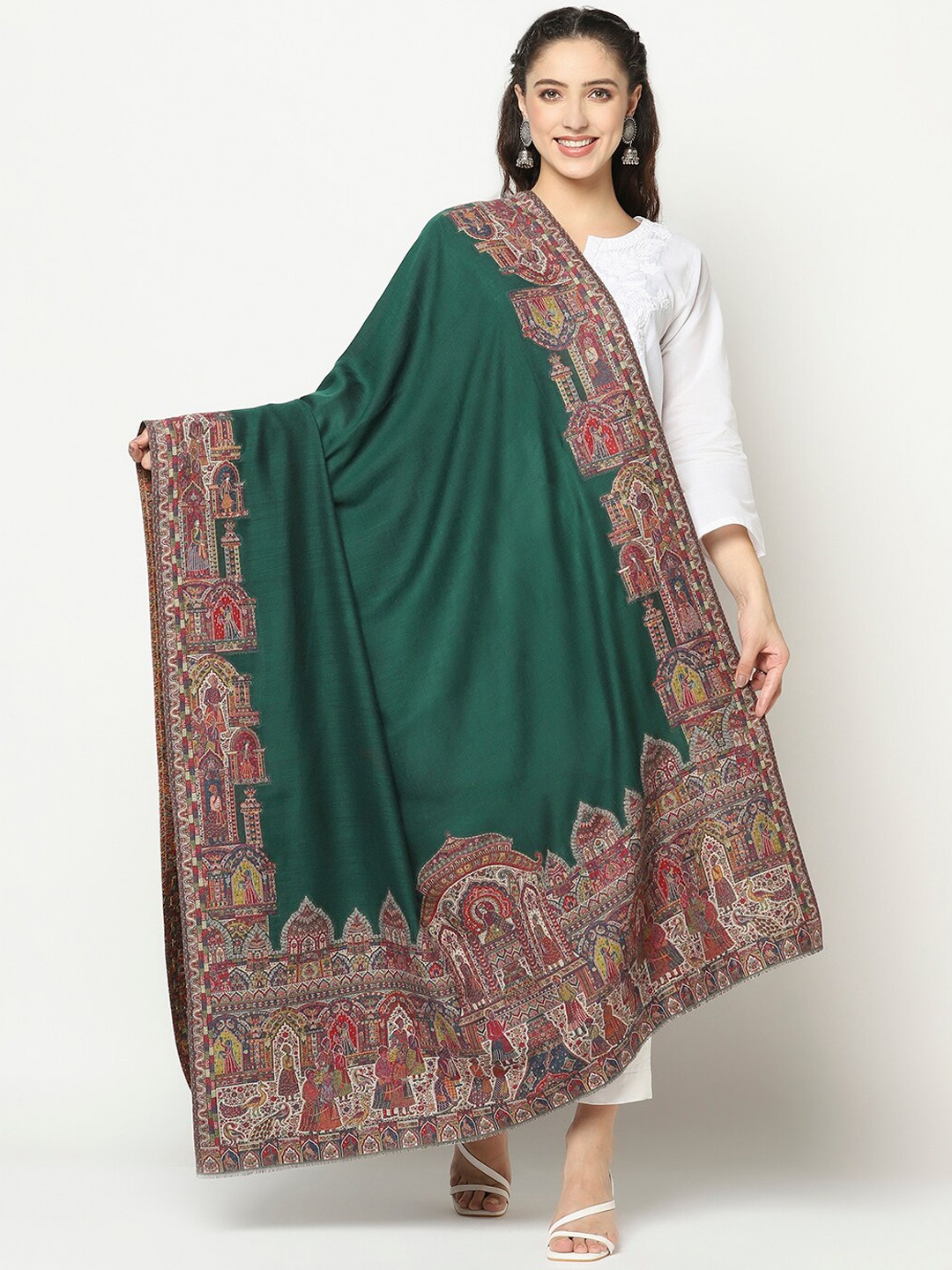 

La Vastraa Women Green Woven Design Pure Wool Shawl