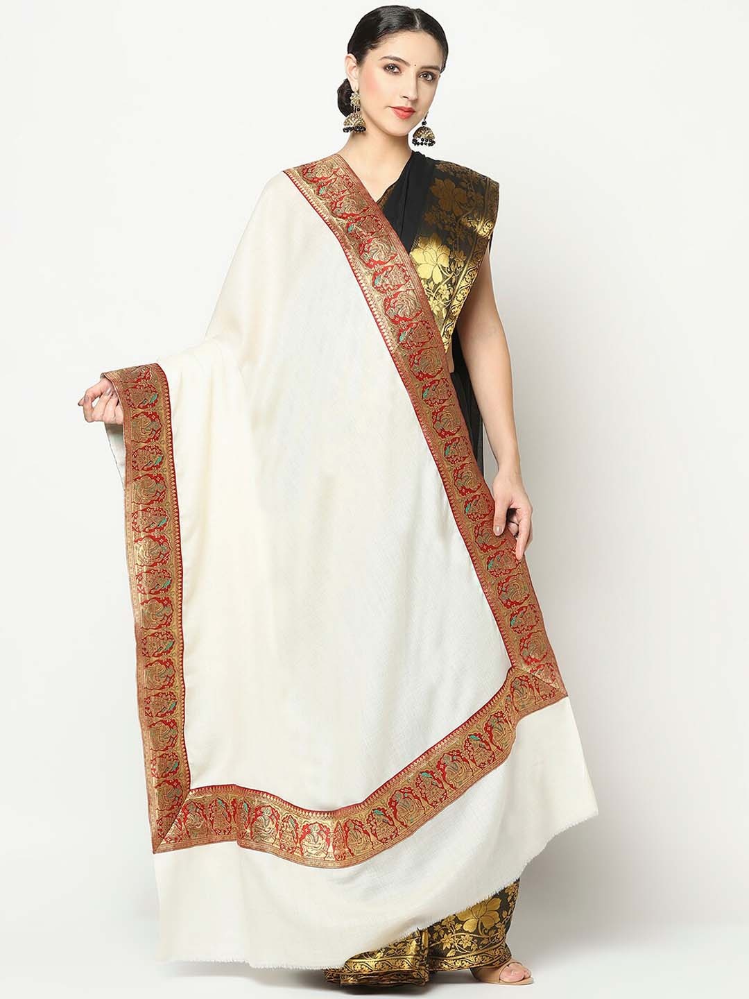 

La Vastraa Women White Solid Zari Pure Wool Border Shawl