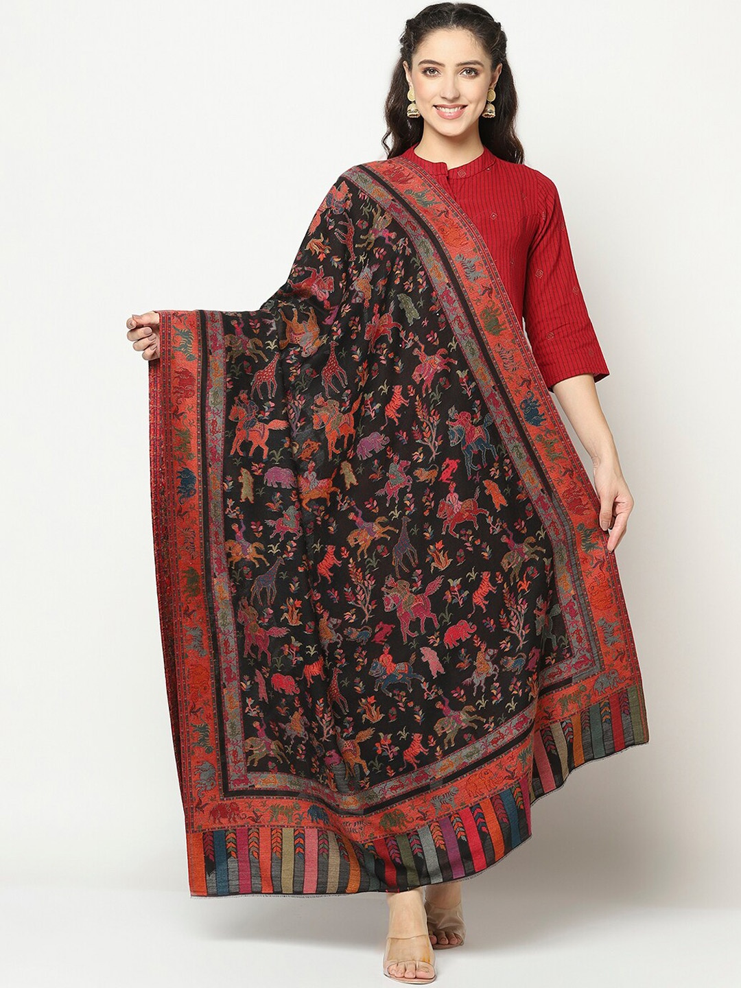 

La Vastraa Women Black Printed Woven Pure Wool Shawl