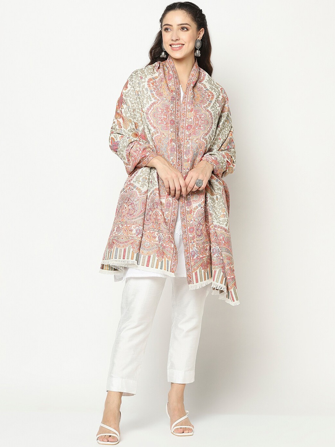 

La Vastraa Women White Woven design Pure Wool Shawl