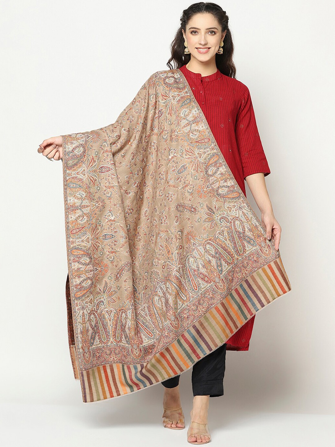 

La Vastraa Women Beige Floral Woven-Design Woolen Shawl