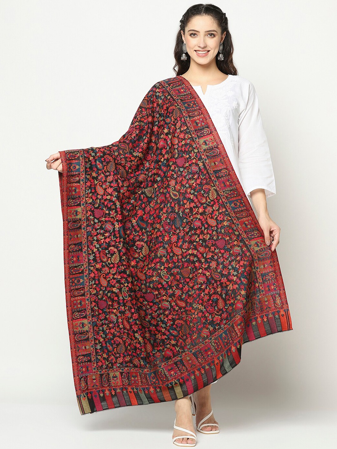 

La Vastraa Women Blue & Red Woven Design Pure Wool Shawl, Black