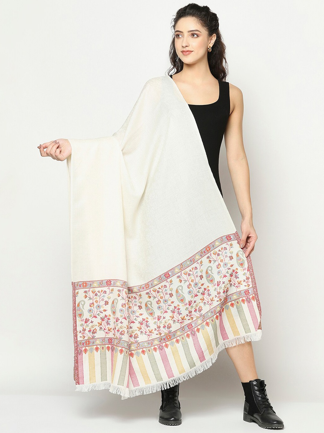 

La Vastraa Women White Woven Design Palla Shawl