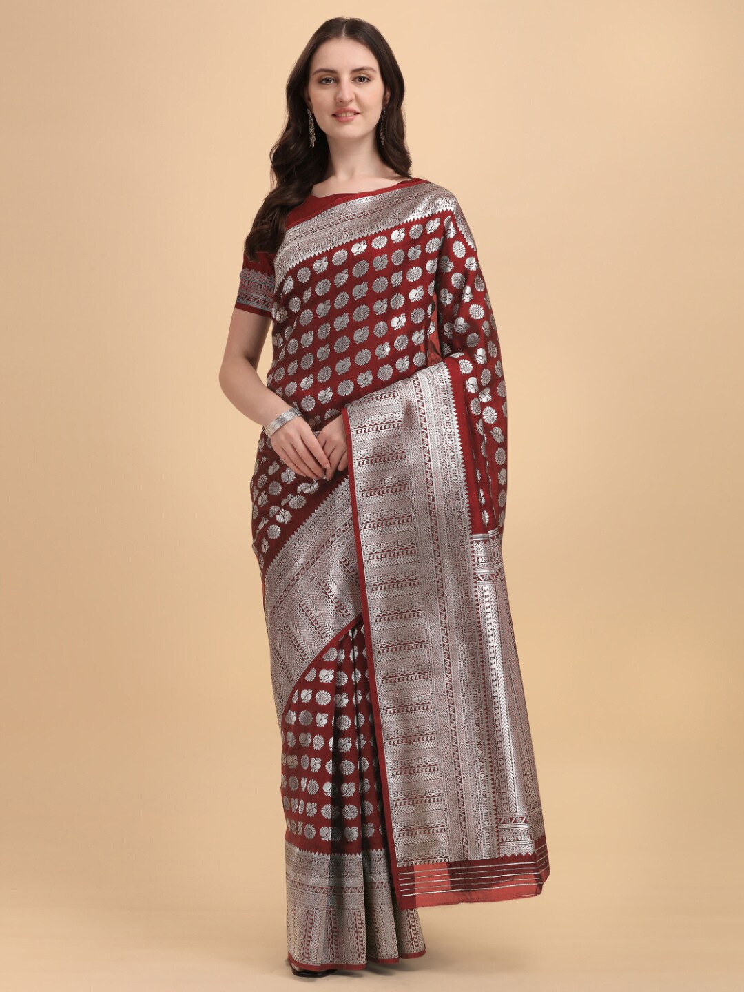 

Kasak Maroon & Silver-Toned Ethnic Motifs Zari Pure Silk Banarasi Saree