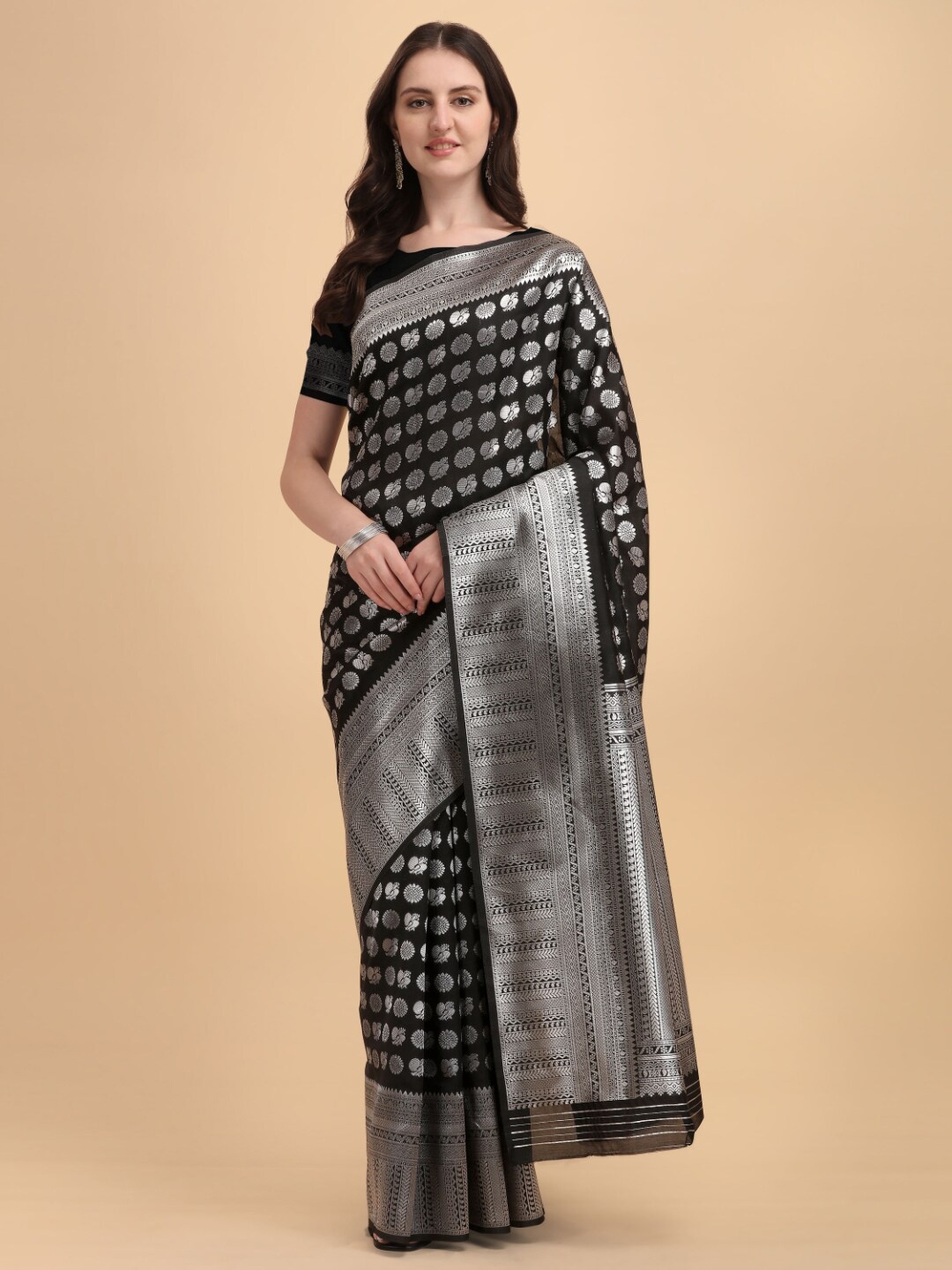 

Kasak Black & Silver-Toned Ethnic Motifs Zari Pure Silk Banarasi Saree
