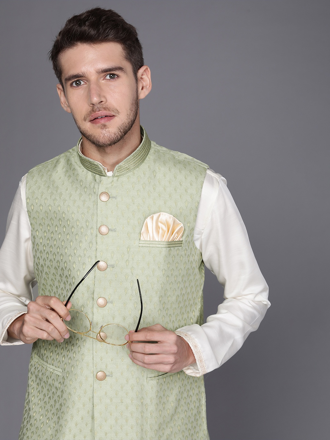 

Manyavar Woven Design Pure Silk Nehru Jacket, Green