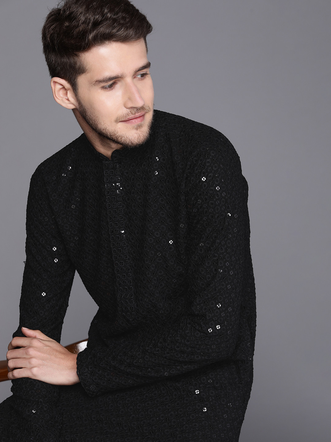 

Manyavar Men Black Embroidered Kurta with Churidar