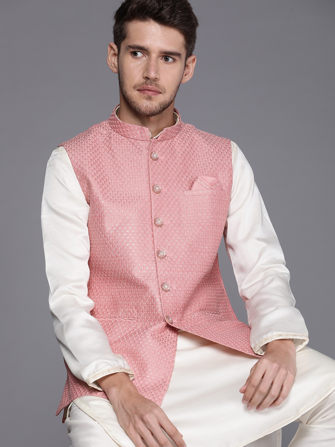 

Manyavar Woven Design Pure Silk Nehru Jacket, Pink