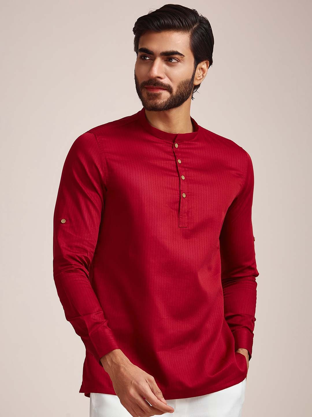 

Manyavar Men Mandarin Collar Pure Cotton Kurta, Maroon