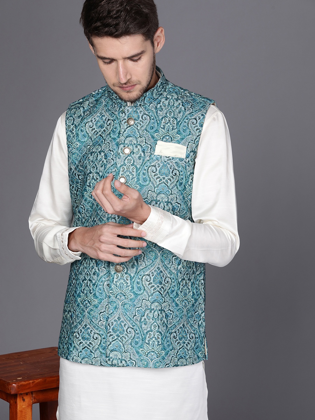 

Manyavar Woven Design Nehru Jacket, Blue