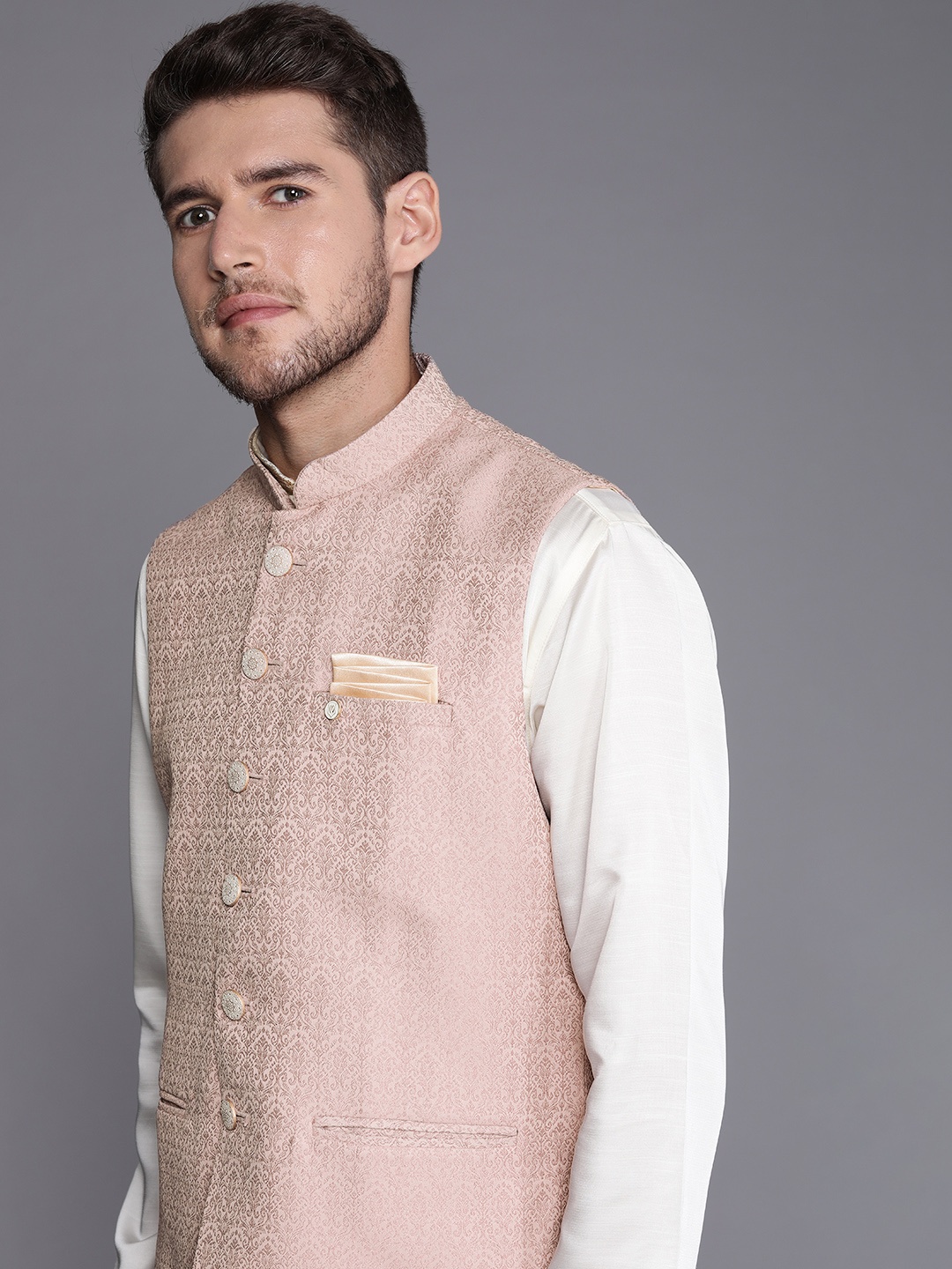 

Manyavar Woven Design Pure Silk Nehru Jacket, Pink