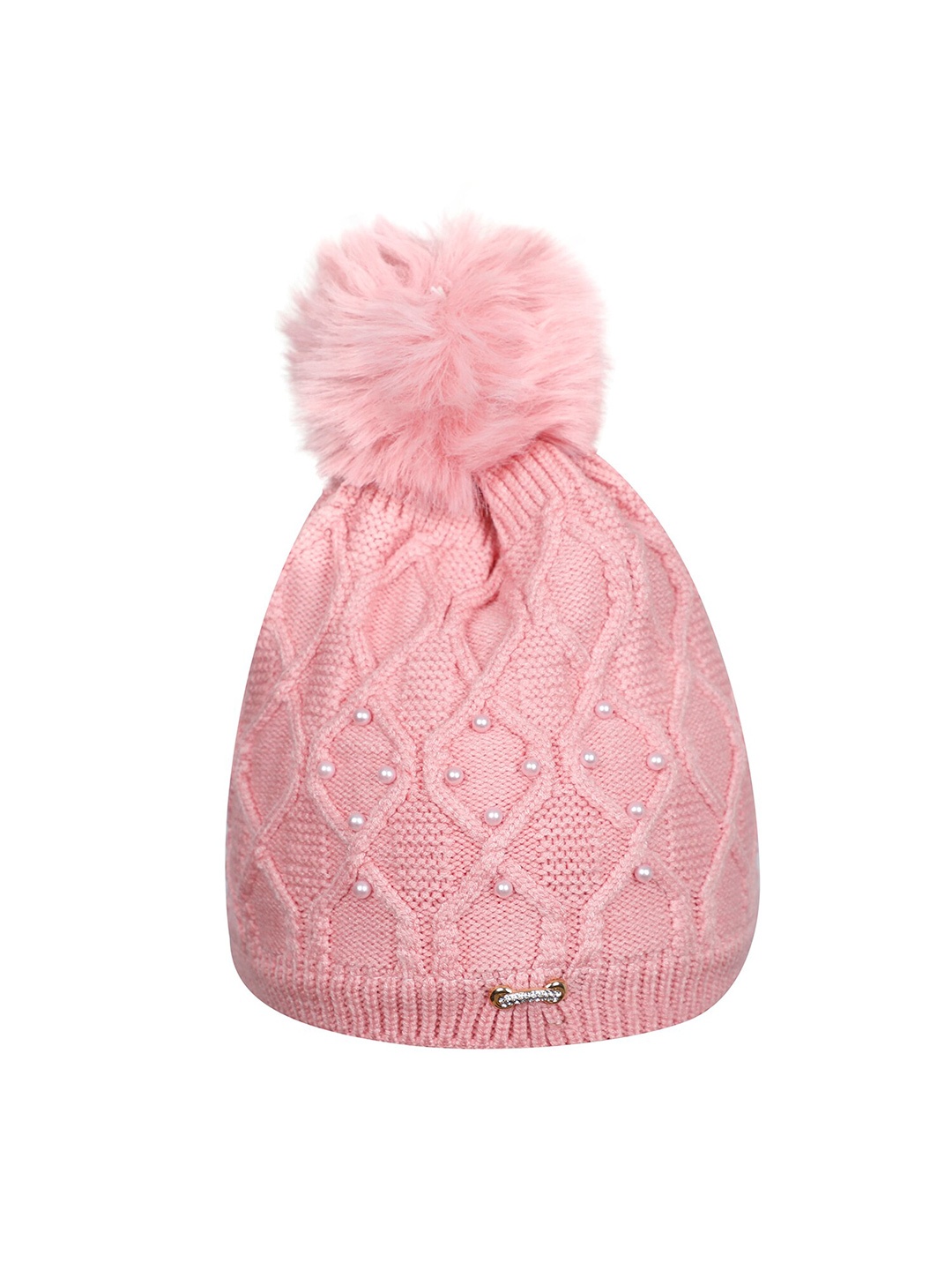 

LOOM LEGACY Women Embellished Pink & White Acrylic Wool Beanie