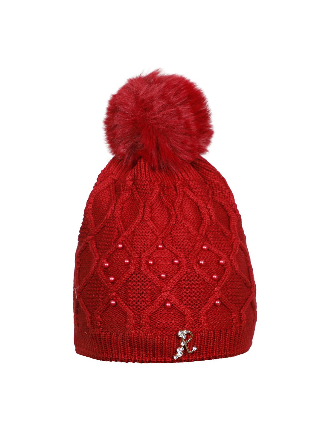 

LOOM LEGACY Women Red & White Embellished Acrylic Wool Beanie