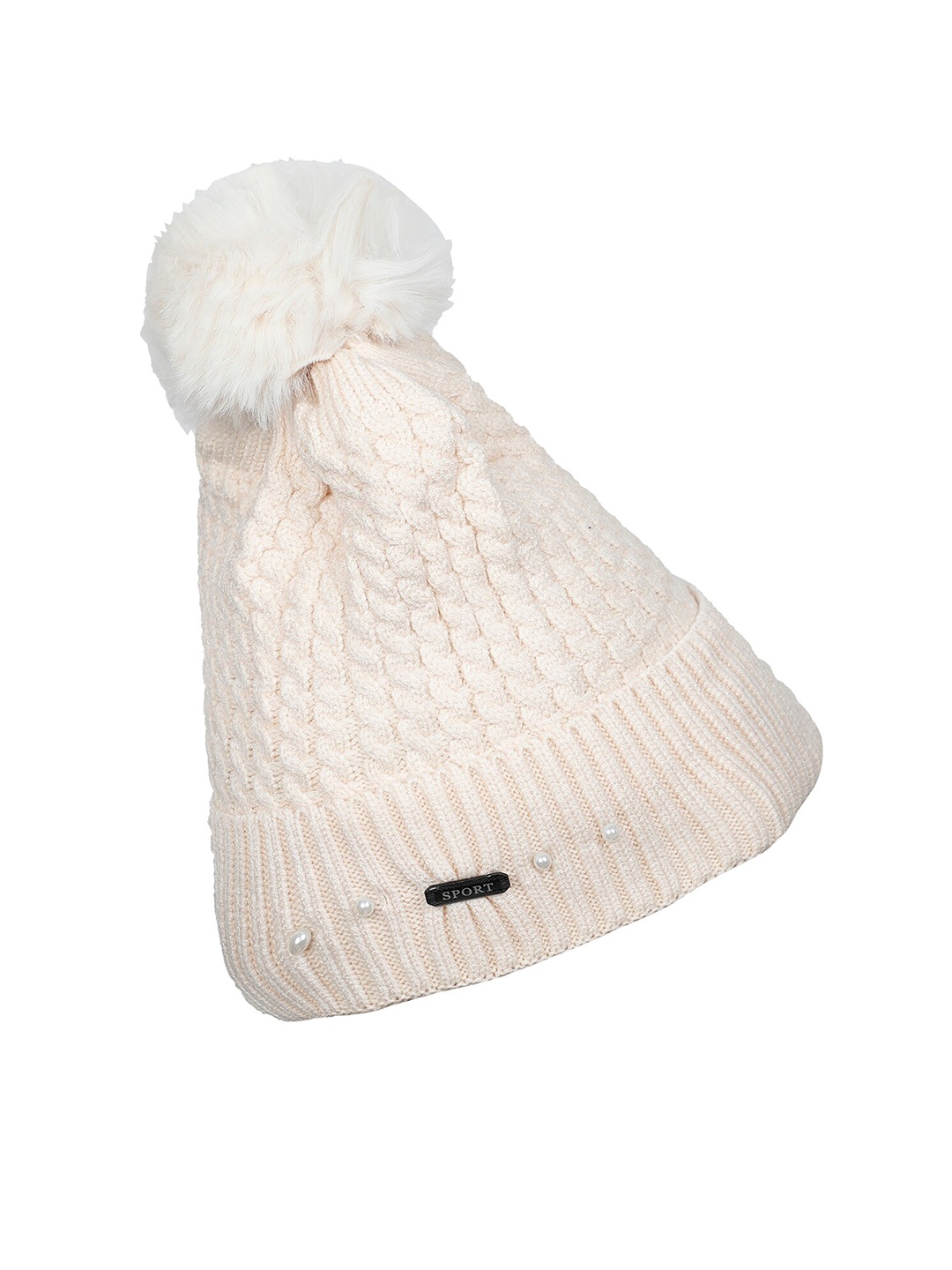 

LOOM LEGACY Women Cream-Coloured & White Acrylic Wool Beanie