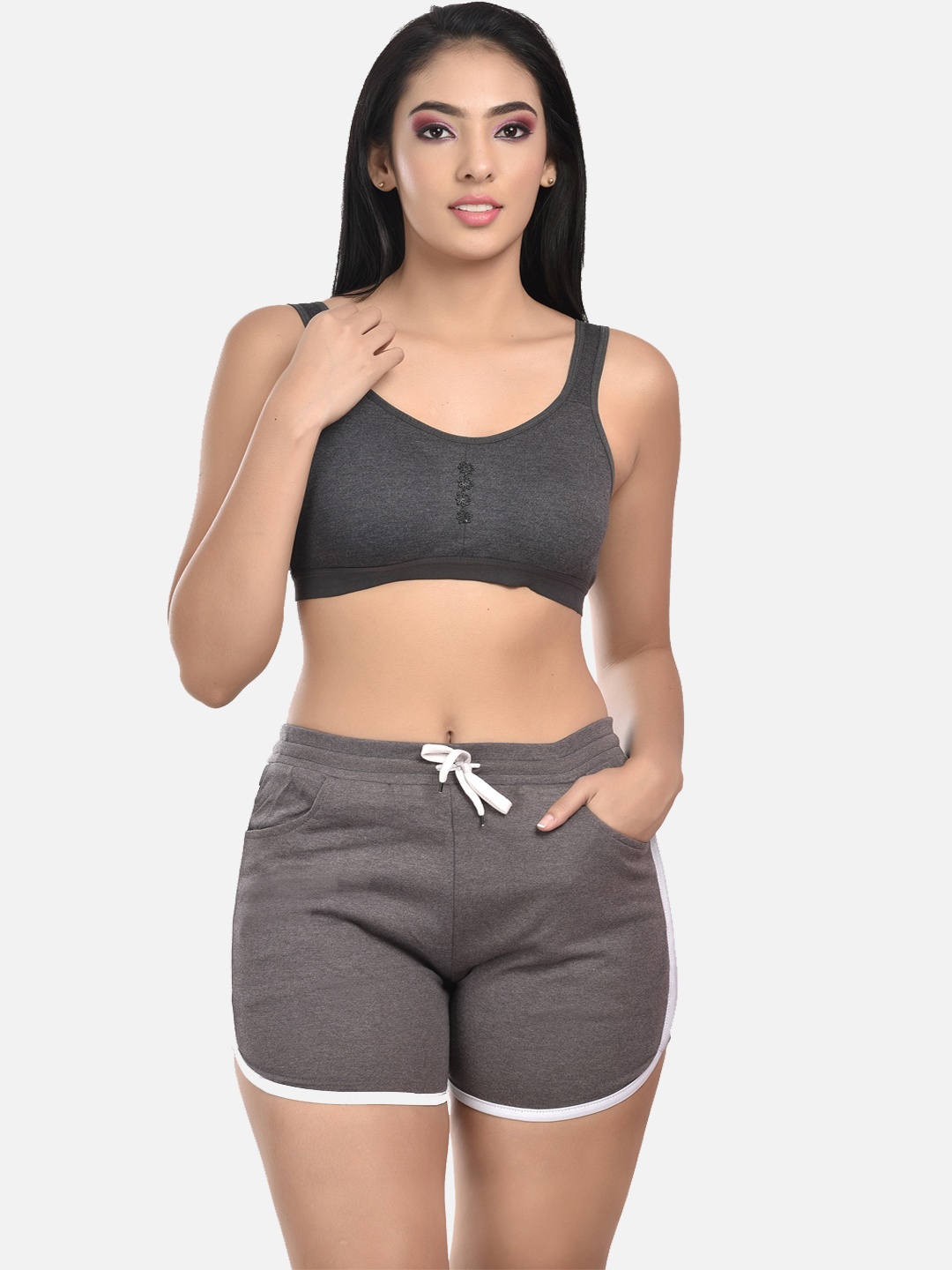 

StyFun Women Black Solid Sports Bra & Shorts Lingerie Set