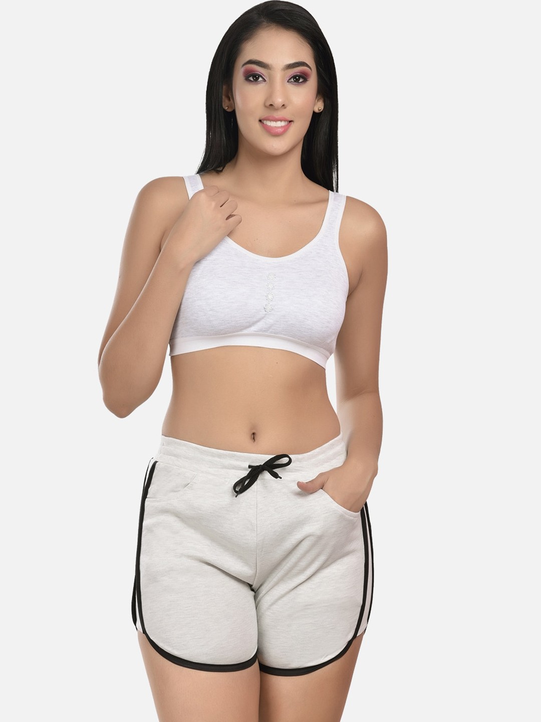 

StyFun Women Grey Cotton Blend Solid Sports Bra & Shorts Lingerie Set