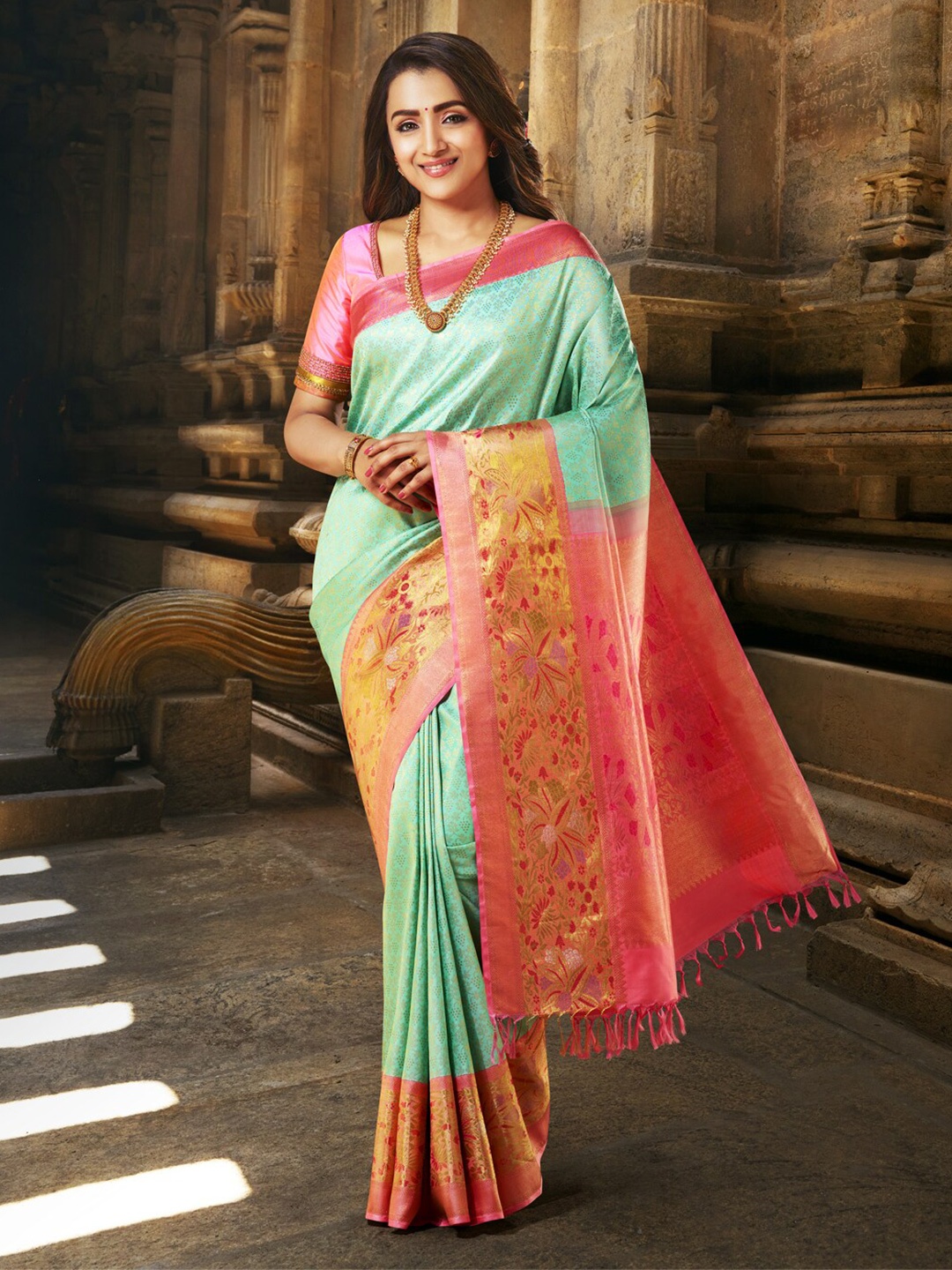 

SAMUDRIKA PATTU Blue & Pink Ethnic Motifs Zari Pure Silk Kanjeevaram Saree