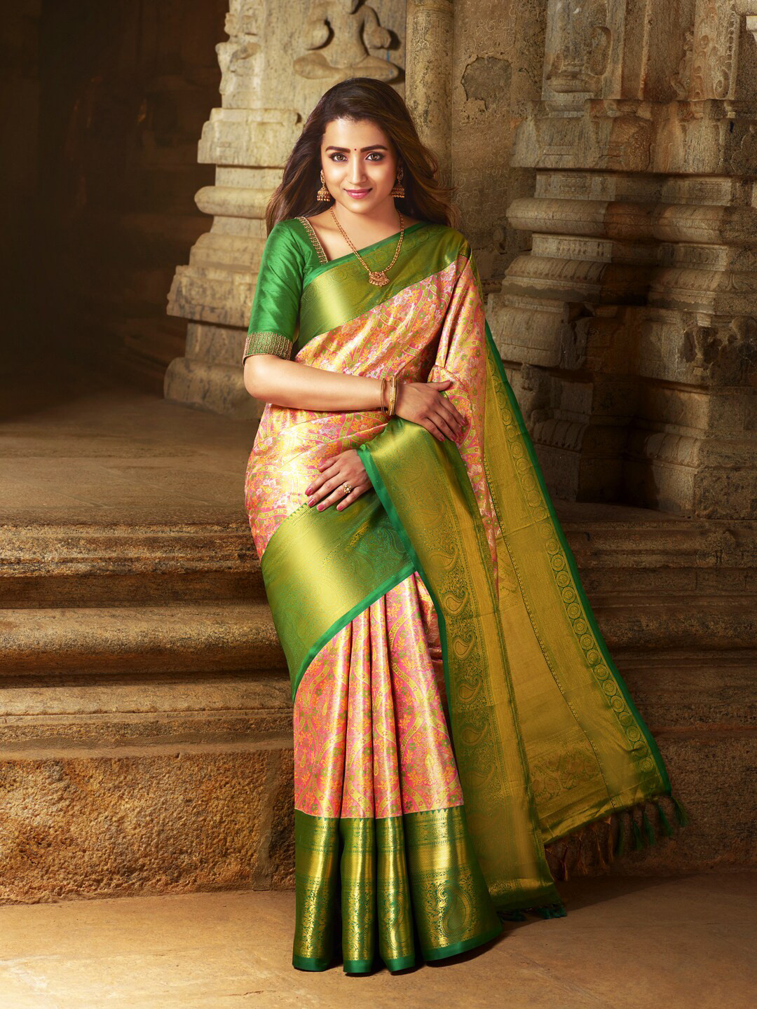 

SAMUDRIKA PATTU Pink & Green Ethnic Motifs Zari Pure Silk Kanjeevaram Saree
