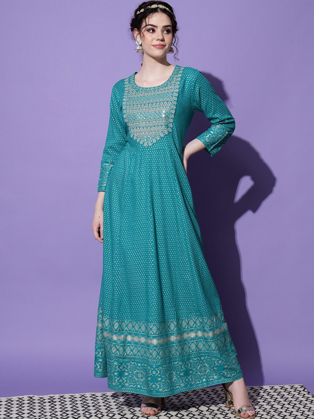 

Sitaram Designer Women Turquoise Blue Ethnic Motifs Printed Anarkali Kurta