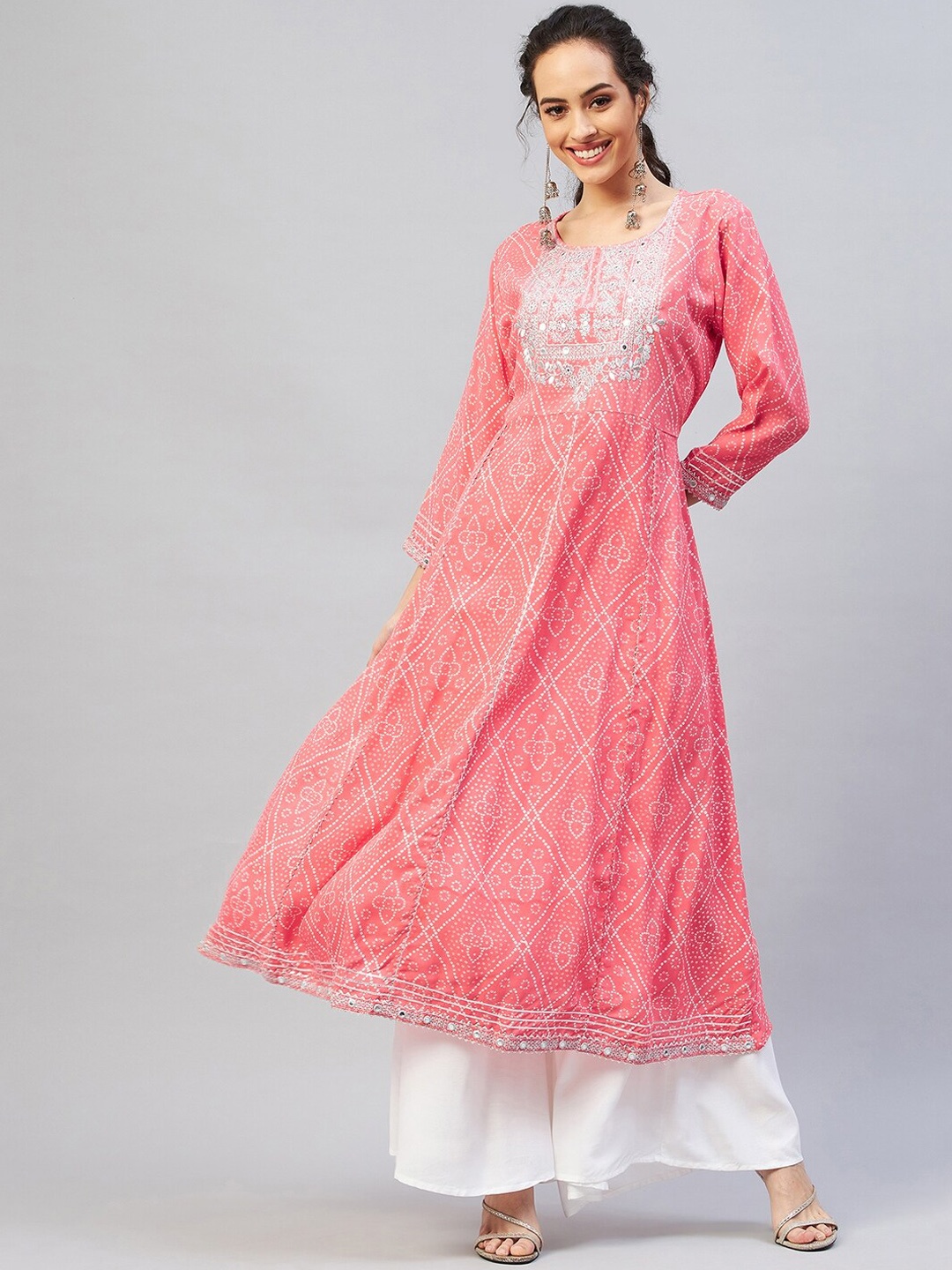 

InWeave Women Peach-Coloured Bandhani Printed Anarkali Kurta