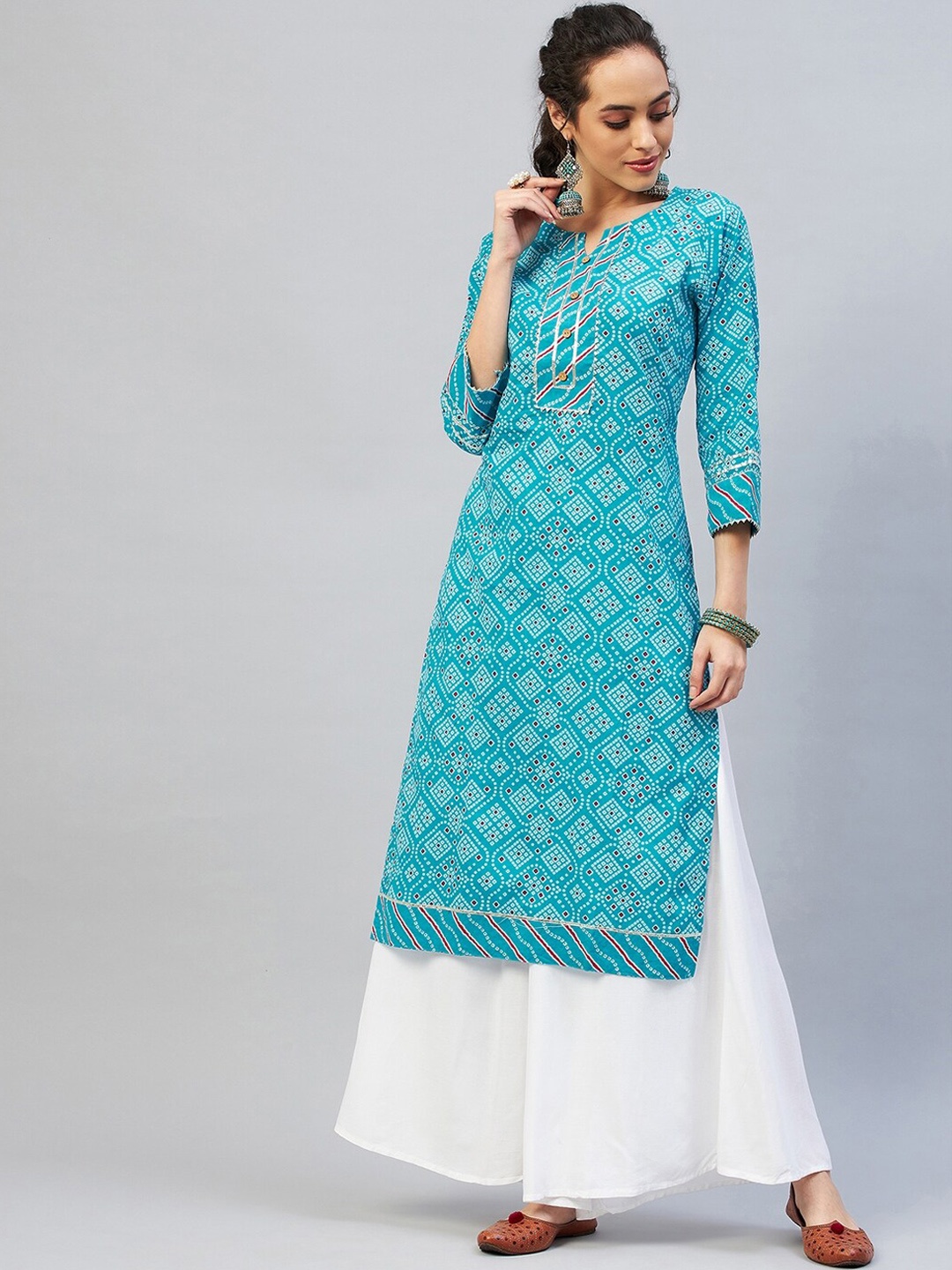 

InWeave Women Bandhani Printed Keyhole Neck Gotta Patti Cotton Kurta, Blue