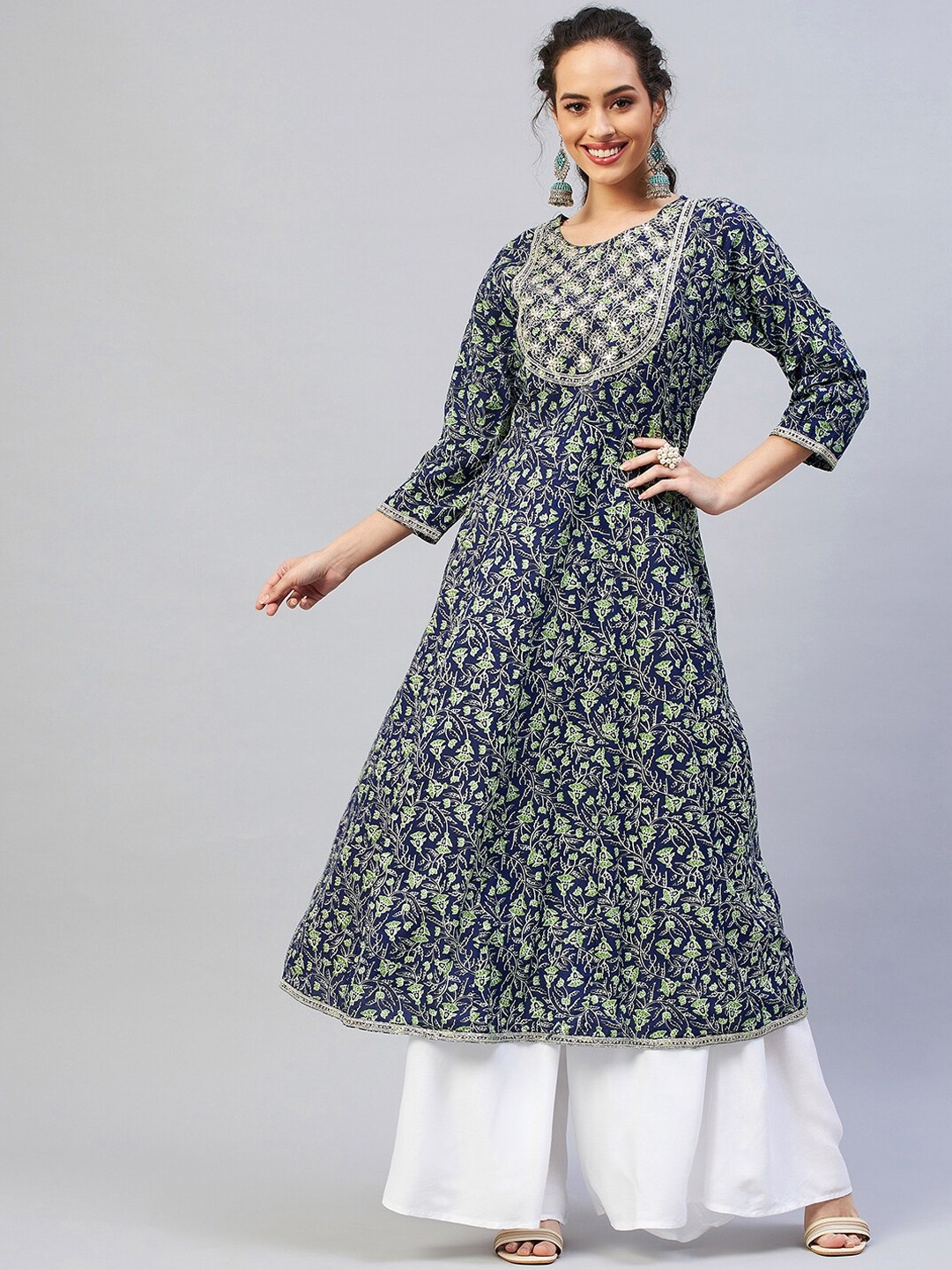 

InWeave Women Navy Blue Floral Embroidered Mirror Work Cotton Anarkali Kurta