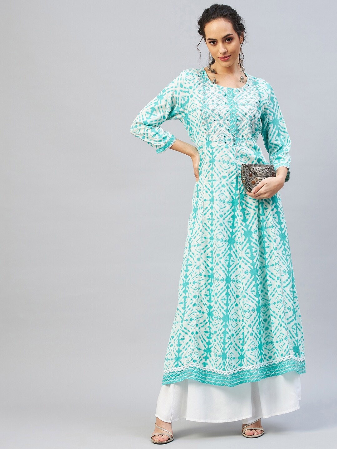 

InWeave Women Blue Printed Mirror Work Anarkali Kurta