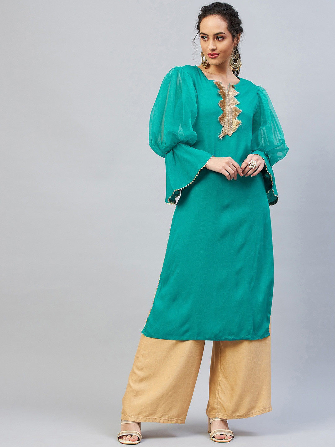 

InWeave Women Blue & Beige Yoke Design Flared Sleeves Kurta