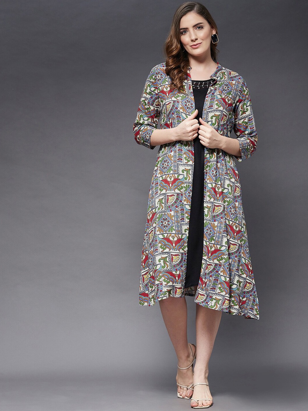 

Azira Women Black & Beige Ethnic Motifs Slip Dress With Long Jacket