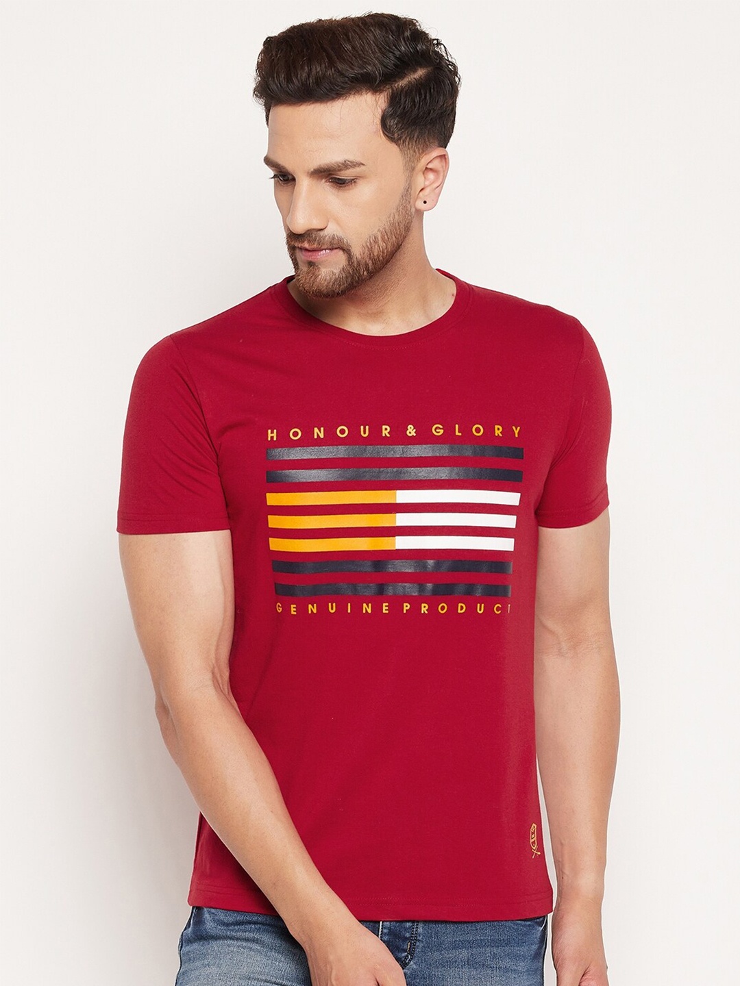 

Duke Men Red & Black Cotton Typography Printed Slim Fit T-shirt