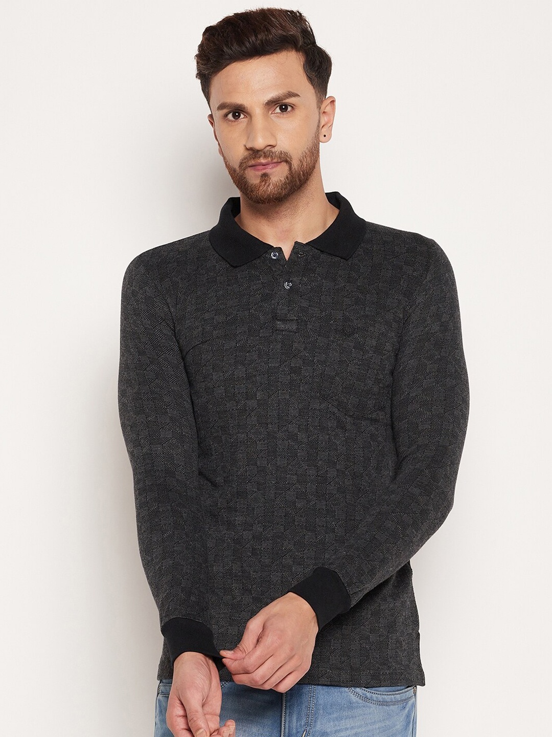 

Duke Men Black Self Design Polo Collar Cotton T-shirt